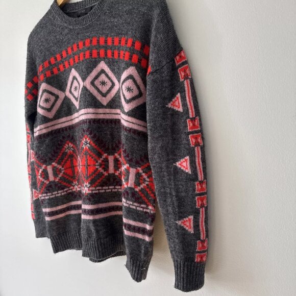 J. Crew Sweater Womens Medium Wool Blend Gray Pink Red Holiday Valentines - Picture 2 of 6